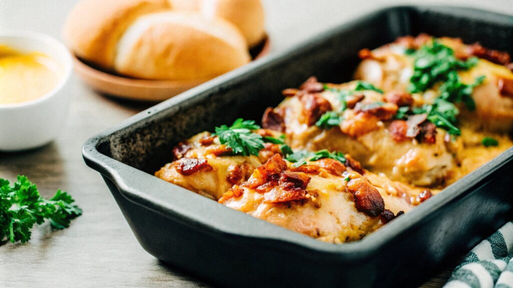 A baking dish of Alice Springs Chicken recipe with melted cheese, crispy bacon, mushrooms, and parsley, served with crusty bread rolls on a rustic table