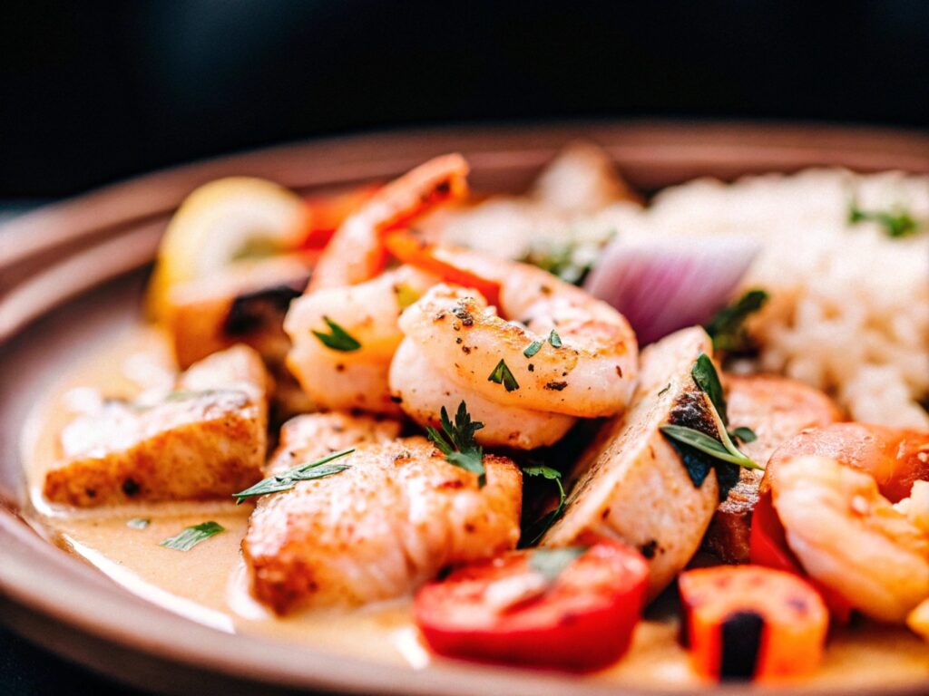 A beautifully plated chicken and shrimp dish garnished with herbs, served alongside steamed rice and grilled vegetables