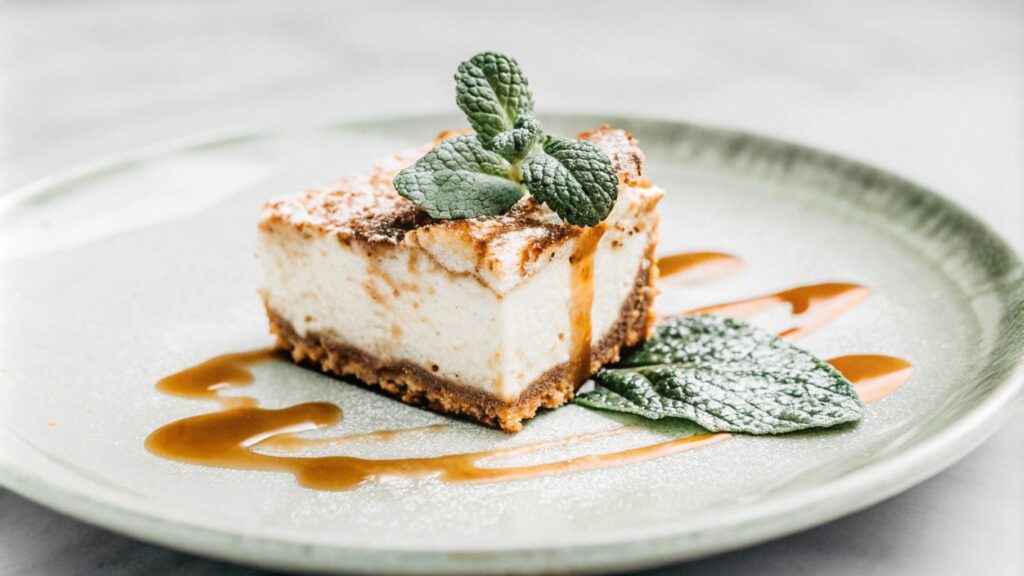 Churro cheesecake slice topped with caramel sauce, garnished with a mint sprig and cinnamon dust on a white plate