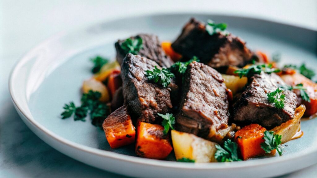 Beautifully plated dish of braised boneless short ribs paired with roasted vegetables and fresh parsley garnish