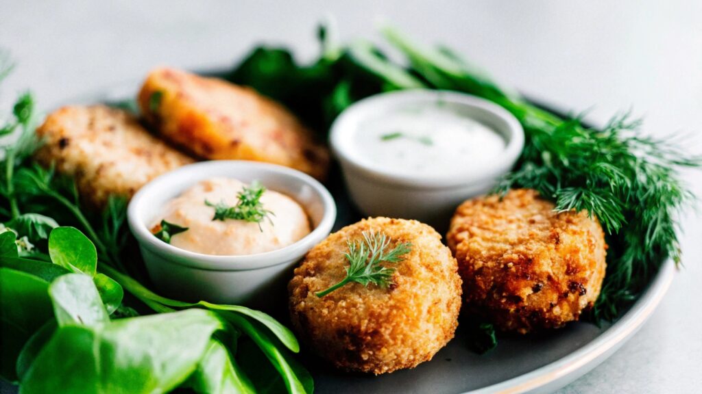 Salmon patties and croquettes displayed together on a plate, garnished with fresh herbs and paired with assorted dipping sauces