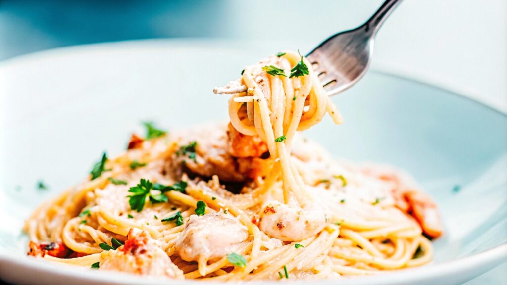 A beautifully plated serving of chicken and shrimp carbonara with a fork twirling the pasta, garnished with fresh parsley and Parmesan