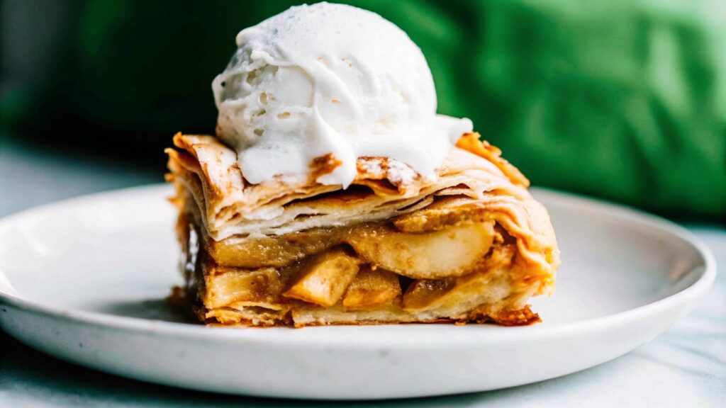 A plated slice of puff pastry apple dessert served with melting vanilla ice cream on top