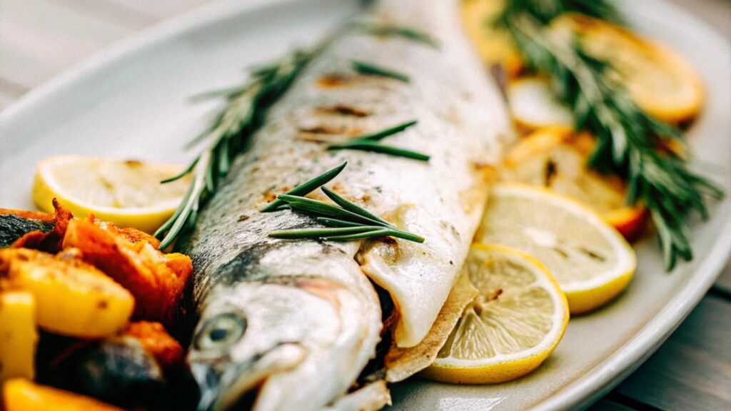 Whole branzino beautifully plated with lemon slices, fresh rosemary, and roasted vegetables on a rustic wooden table