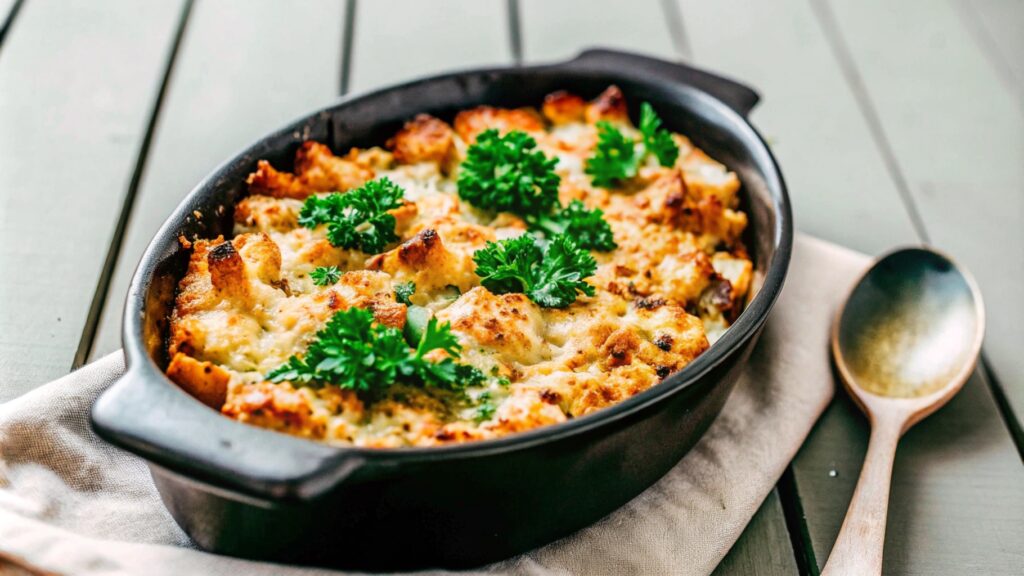 A beautifully presented casserole dish of chicken dressing, golden brown on top, garnished with fresh parsley, and set on a rustic wooden table with a serving spoon beside it