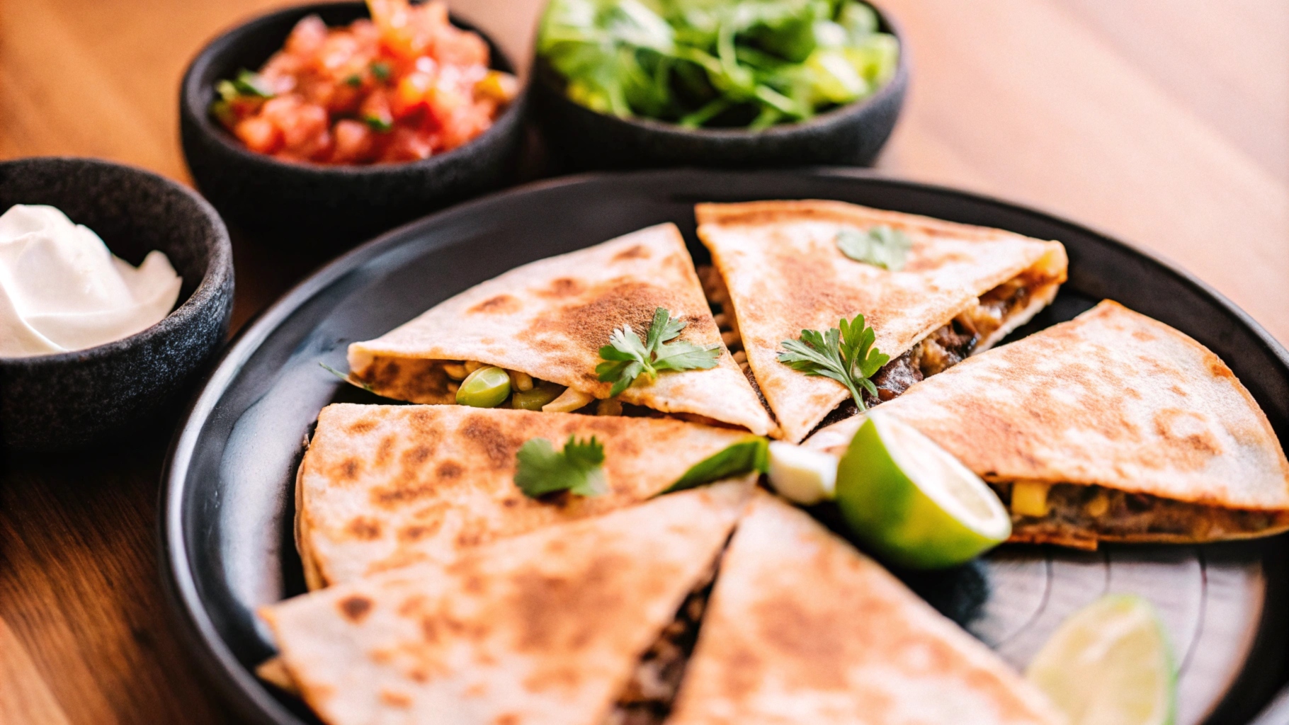 A plate of steak quesadilla wedges arranged in a fan shape, garnished with fresh cilantro and lime wedges, served on a rustic wooden table with bowls of salsa, guacamole, and sour cream, surrounded by fresh vegetables and cheese.