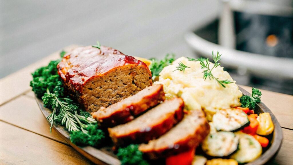 A platter of smoked meatloaf slices topped with BBQ glaze, served with mashed potatoes, grilled vegetables, and fresh herbs on a rustic wooden table with a smoker in the background