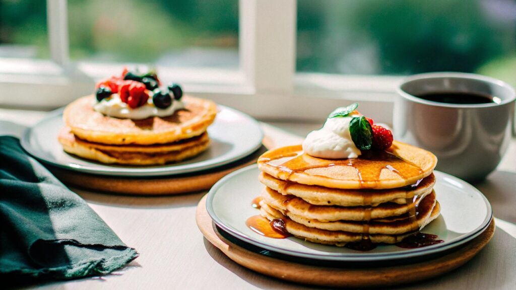 A breakfast scene showing a side-by-side comparison of hotcakes and pancakes. The hotcakes are stacked thicker, topped with syrup and fresh fruit, while the pancakes are thinner and garnished with whipped cream and berries. The table includes a cup of coffee, a cloth napkin, and warm natural lighting to evoke a homestyle vibe