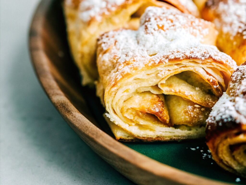 Golden puff pastry apple dessert dusted with powdered sugar on a wooden serving tray