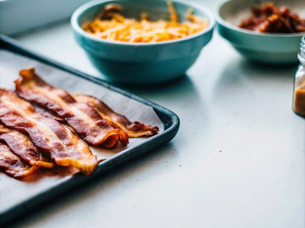 Crispy bacon, shredded cheese, honey mustard sauce ingredients, and chicken breasts arranged on a rustic kitchen counter