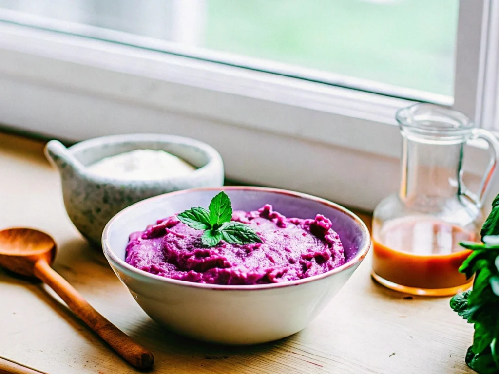 Delicious pancakes made from a purple sweet potato recipe, stacked high and topped with coconut flakes, fruit, and maple syrup