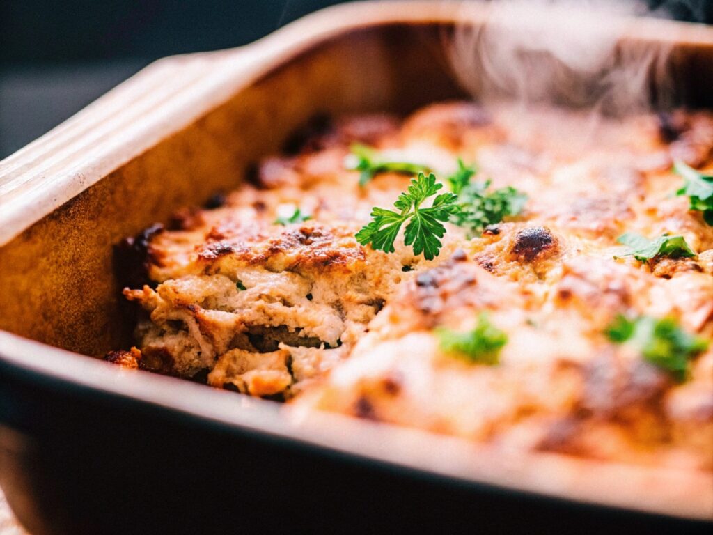 Freshly baked golden-brown chicken dressing in a rustic casserole dish, topped with parsley and still steaming from the oven.