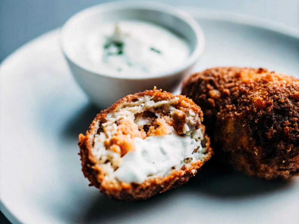 Golden-brown salmon croquette cut in half, showing its creamy interior, served with dipping sauce on a white plate