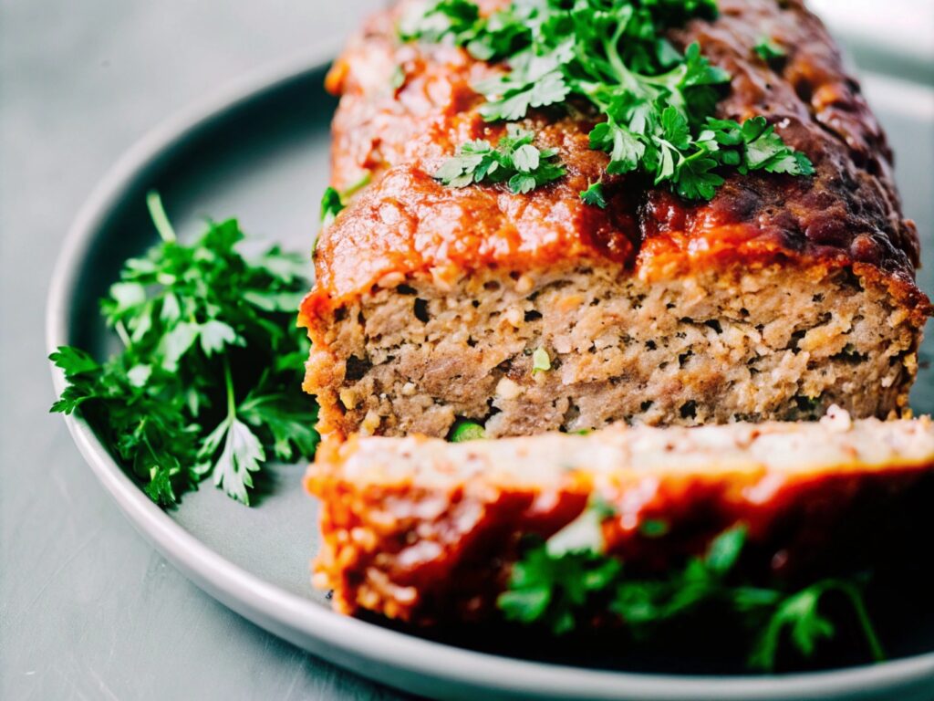 A perfectly smoked meatloaf sliced on a serving plate with a caramelized glaze, garnished with fresh parsley and served with sides