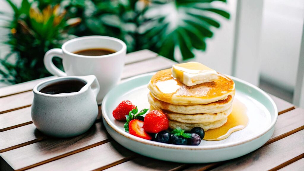 A stack of fluffy golden pancakes topped with a melting pat of butter and drizzled with maple syrup, surrounded by fresh berries, a steaming cup of coffee, and a small pitcher of syrup on a wooden breakfast table.