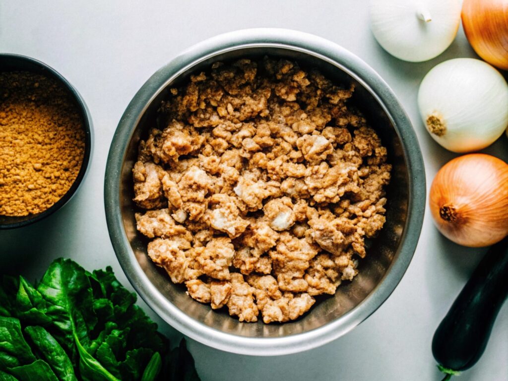 Raw meatloaf mixture in a large mixing bowl with fresh ingredients like onions, garlic, and seasonings surrounding it