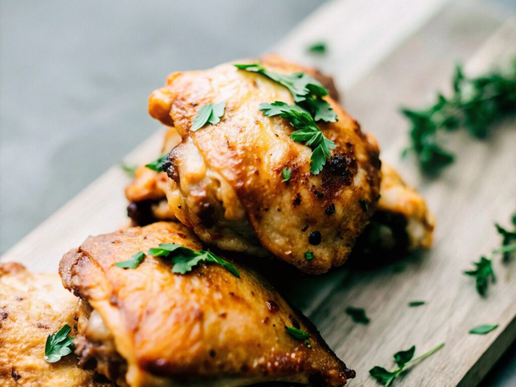 A pile of golden-brown smoked chicken thighs garnished with fresh parsley on a rustic wooden board, with a small bowl of barbecue sauce on the side