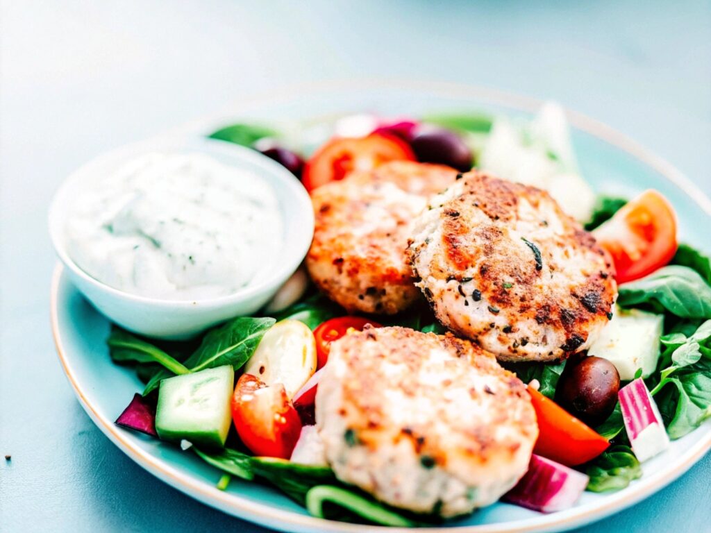 Mediterranean-style salmon patties on a plate, accompanied by Greek salad and a side of creamy tzatziki sauce