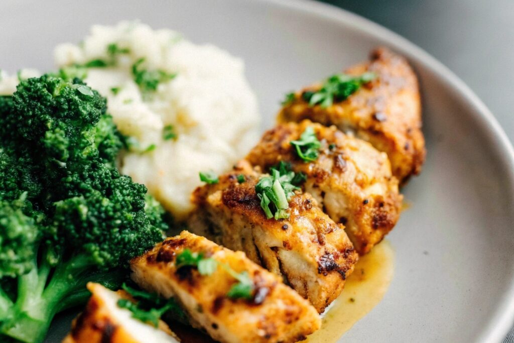 A plated Alice Springs Chicken served with steamed broccoli and mashed potatoes, garnished with fresh parsley