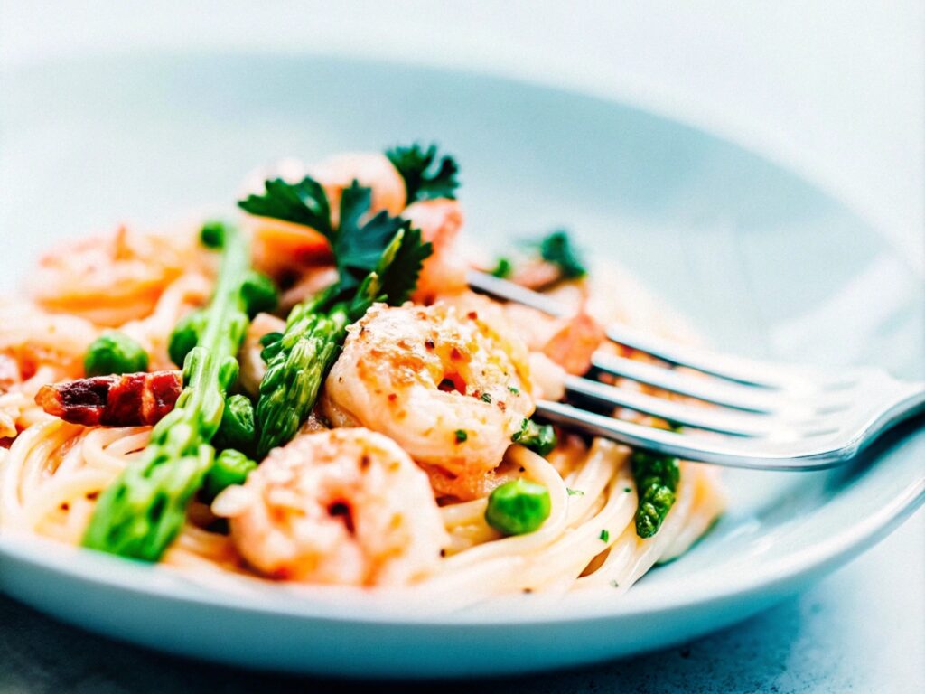 A plated shrimp-only carbonara variation with asparagus and peas, served with a fork and sprinkled with parsley.