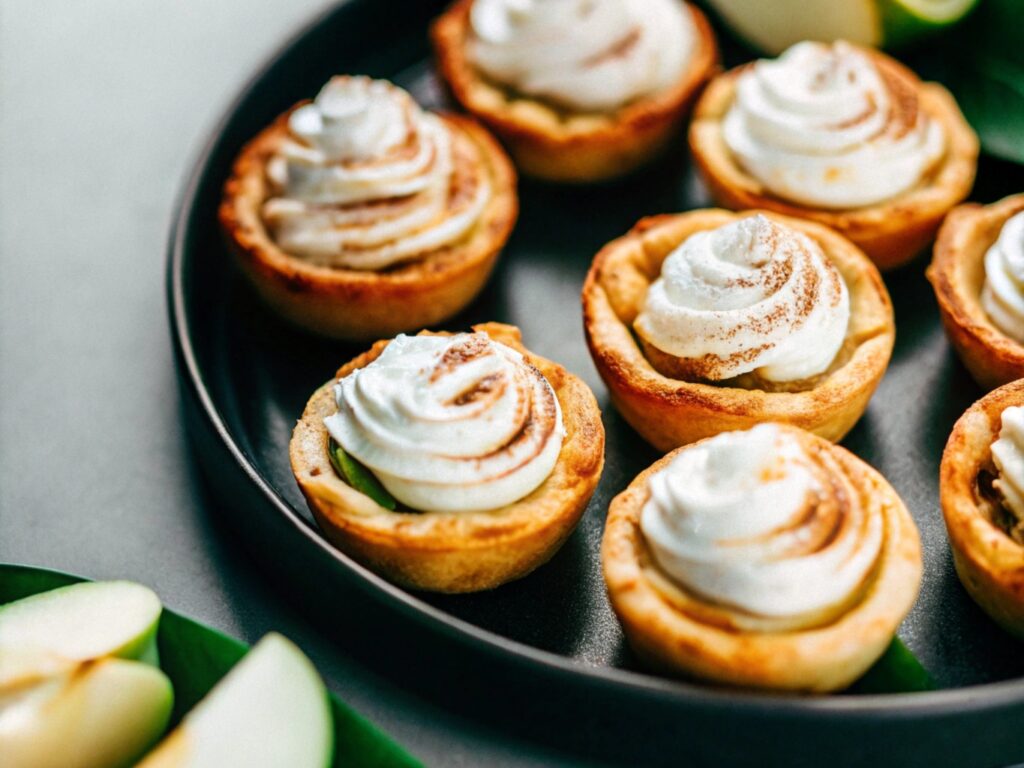 Mini puff pastry apple tartlets topped with whipped cream and a dusting of cinnamon, arranged on a platter