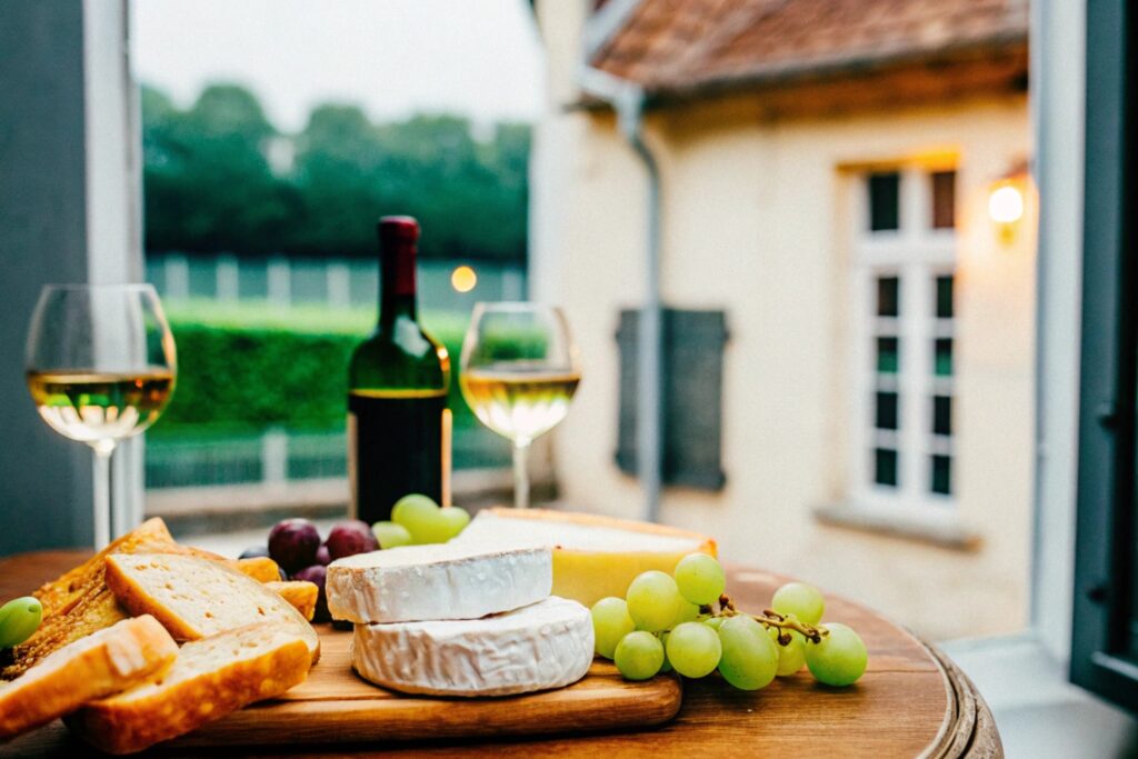 A rustic French cheese platter featuring a wheel of brie, sliced baguette, fresh grapes, and a glass of red wine, arranged on a wooden table