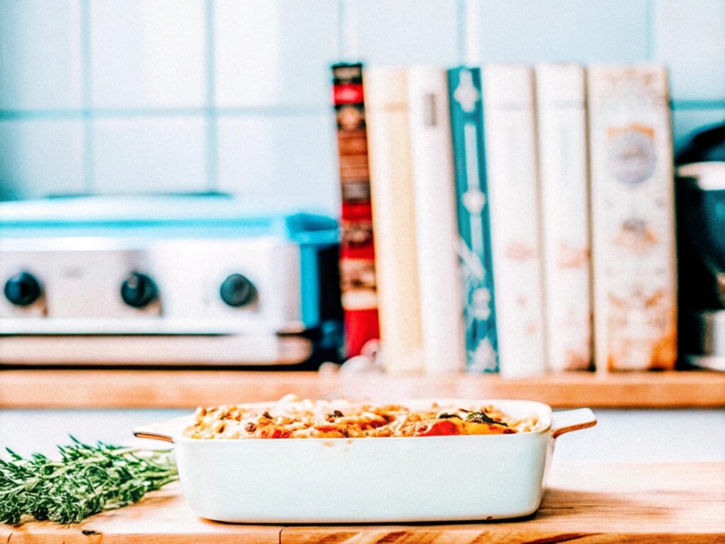 A rustic kitchen setting with a freshly baked dish of chicken dressing, surrounded by vintage cookbooks and sprigs of thyme