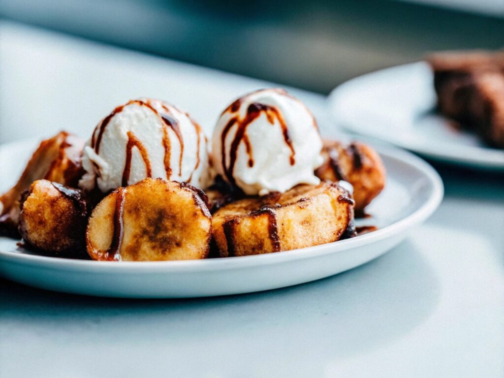 A beautifully plated serving of fried bananas topped with whipped cream and fresh berries, placed on a table with a fork beside it