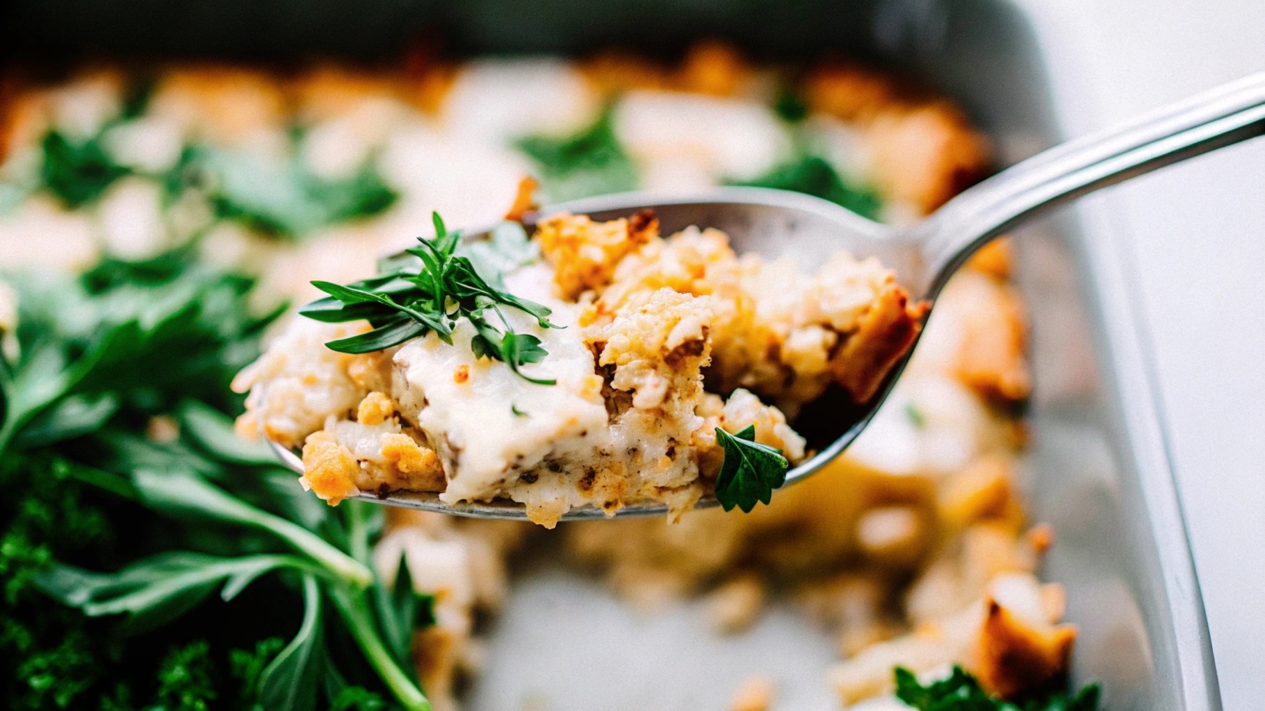 A serving spoon scooping golden-baked chicken dressing from a casserole dish, with fresh herbs sprinkled on top