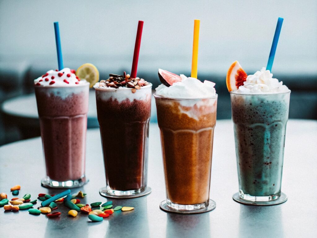 A DIY slushie bar setup with crushed ice, syrups, fresh fruits, and toppings arranged on a bright, festive table