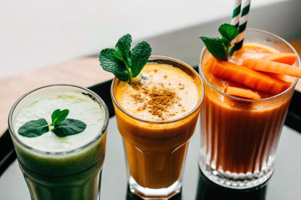 Three glasses of carrot juice with variations—one mixed with orange slices, another with ginger, and a third garnished with mint—demonstrating how to customize a carrot juice recipe