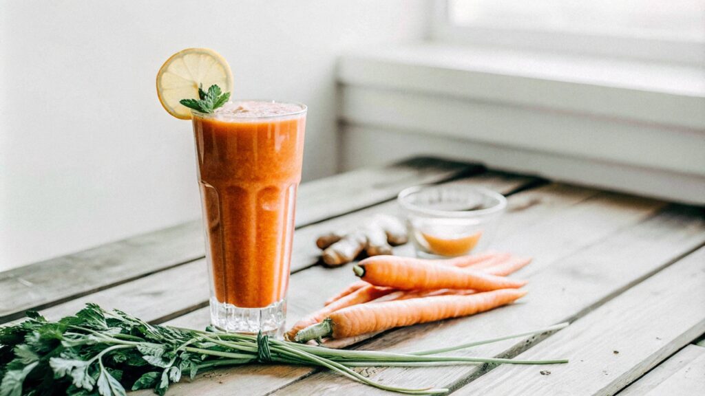 A tall glass of fresh carrot juice placed on a rustic wooden table, surrounded by whole carrots, ginger, and a slice of lemon, showcasing the perfect carrot juice recipe