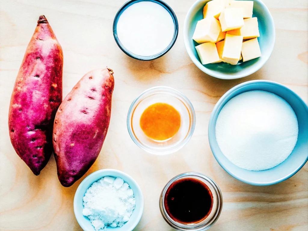 Top-down view of ingredients for a purple sweet potato recipe, showcasing fresh purple sweet potatoes, butter, coconut milk, maple syrup, salt, and cinnamon