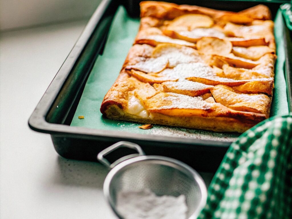 Freshly baked puff pastry apple dessert cooling on a countertop with a sifter of powdered sugar