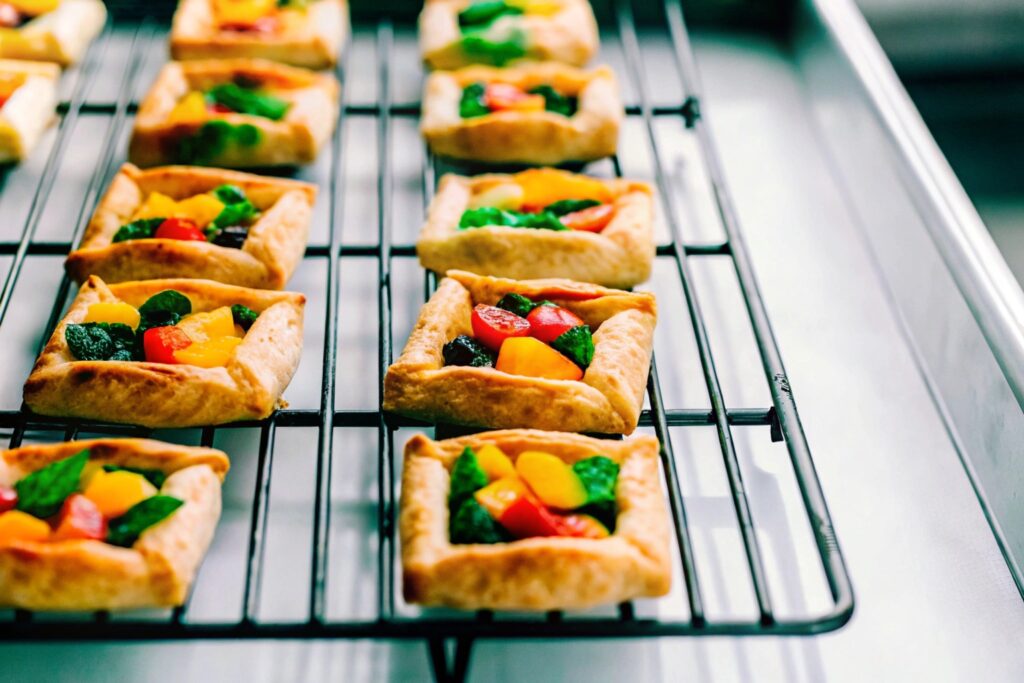 Golden puff pastry turnovers filled with vibrant fruit, cooling on a wire rack.