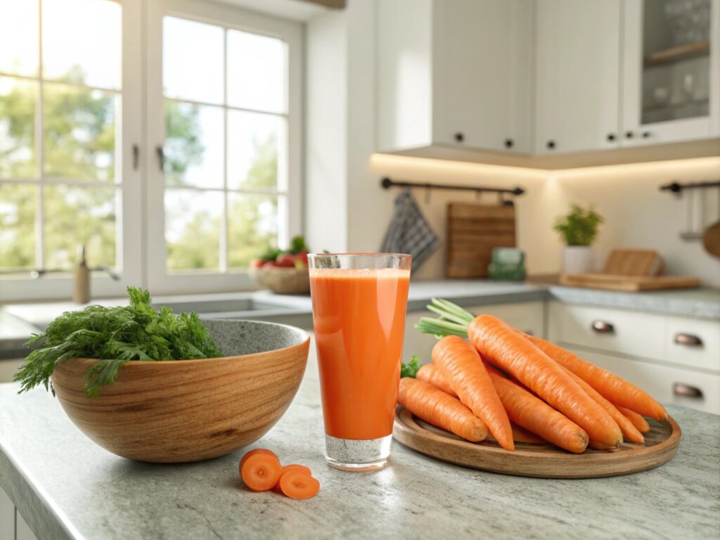 A glass of fresh carrot juice on a table surrounded by whole carrots and a green leafy garnish