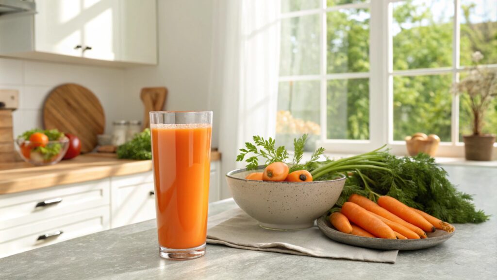 A vibrant image of a glass of carrot juice with a bowl of fresh carrots, placed in a bright kitchen setting