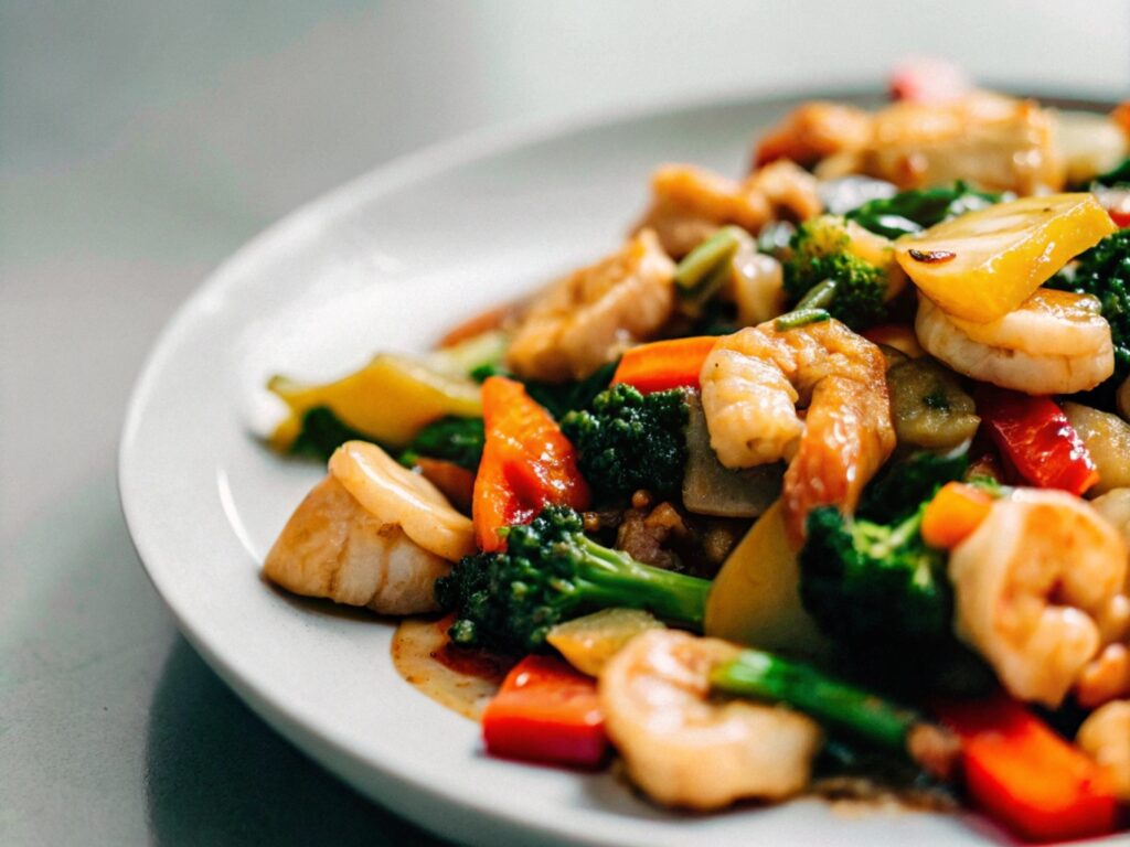 A colorful plate of chicken and shrimp stir-fry with vibrant vegetables served on a white plate