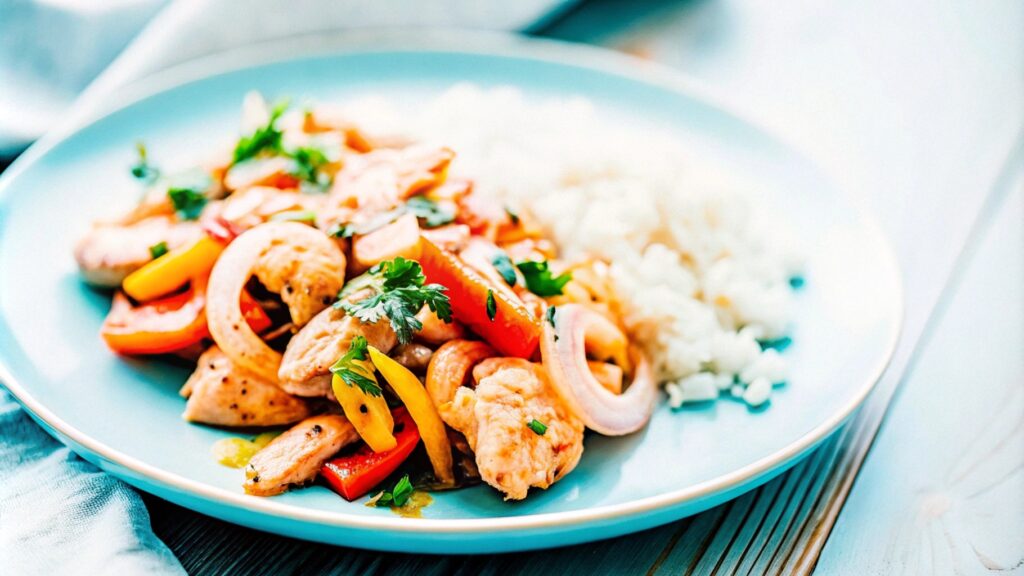 A vibrant dish of sautéed chicken and shrimp with colorful bell peppers and onions, garnished with fresh parsley, served with steamed rice on a rustic wooden table