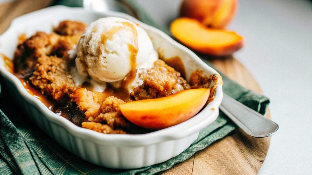 A warm peach cobbler in a white dish, topped with a melting scoop of vanilla ice cream, drizzled with caramel sauce, and garnished with fresh peach slices, placed on a wooden table with a rustic napkin