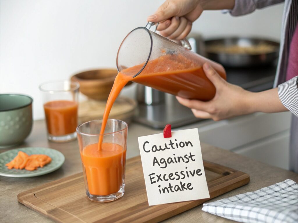 An image of a person pouring carrot juice into a glass with a small note cautioning against excessive intake