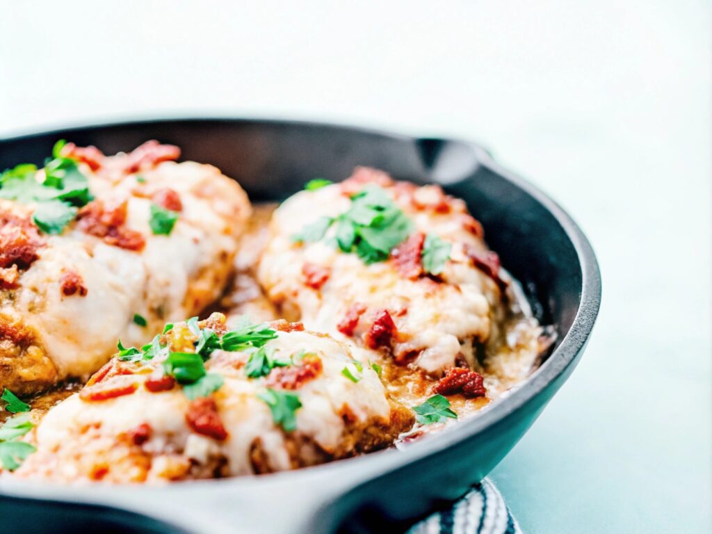 Chicken breasts in a baking dish topped with honey mustard sauce, crispy bacon, and shredded cheese before baking