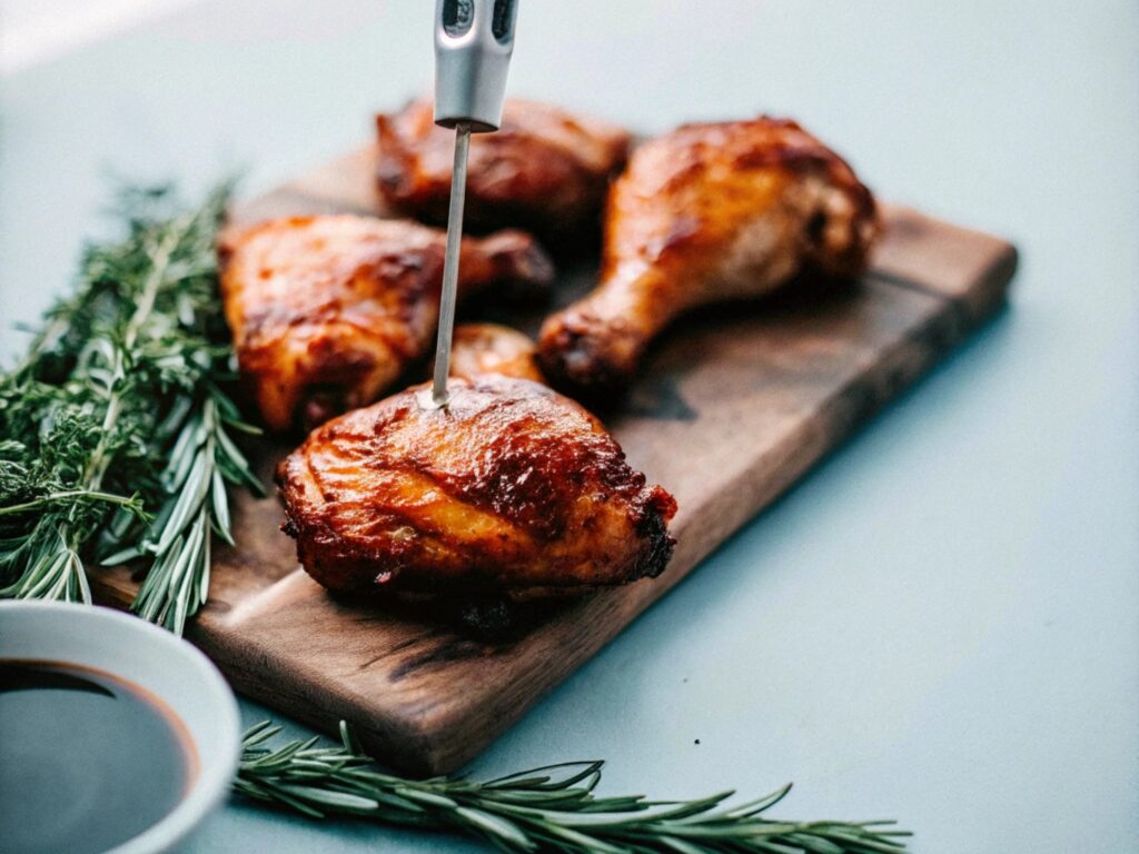 Smoked chicken thighs resting on a cutting board with a meat thermometer inserted into one, surrounded by fresh rosemary and a small bowl of barbecue sauce