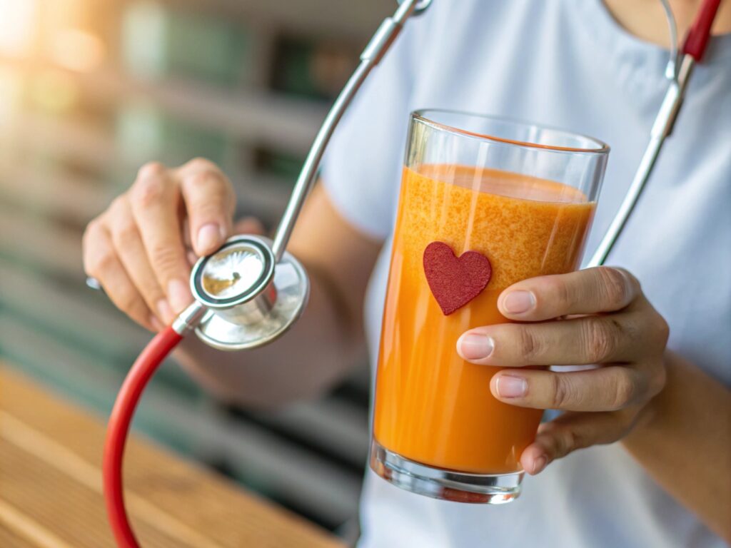 Close-up of a person holding a glass of carrot juice with a stethoscope symbolizing heart health benefits