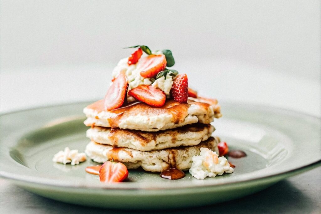 A stack of fluffy golden hotcakes made from a homemade hotcake mix recipe, topped with syrup, butter, and fresh berries.