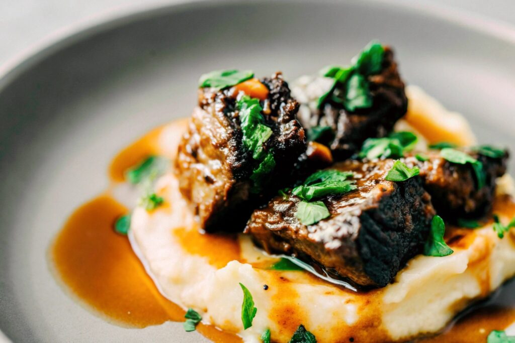 A beautifully plated dish featuring boneless beef short ribs served with creamy mashed potatoes, topped with a drizzle of rich brown sauce and fresh herb