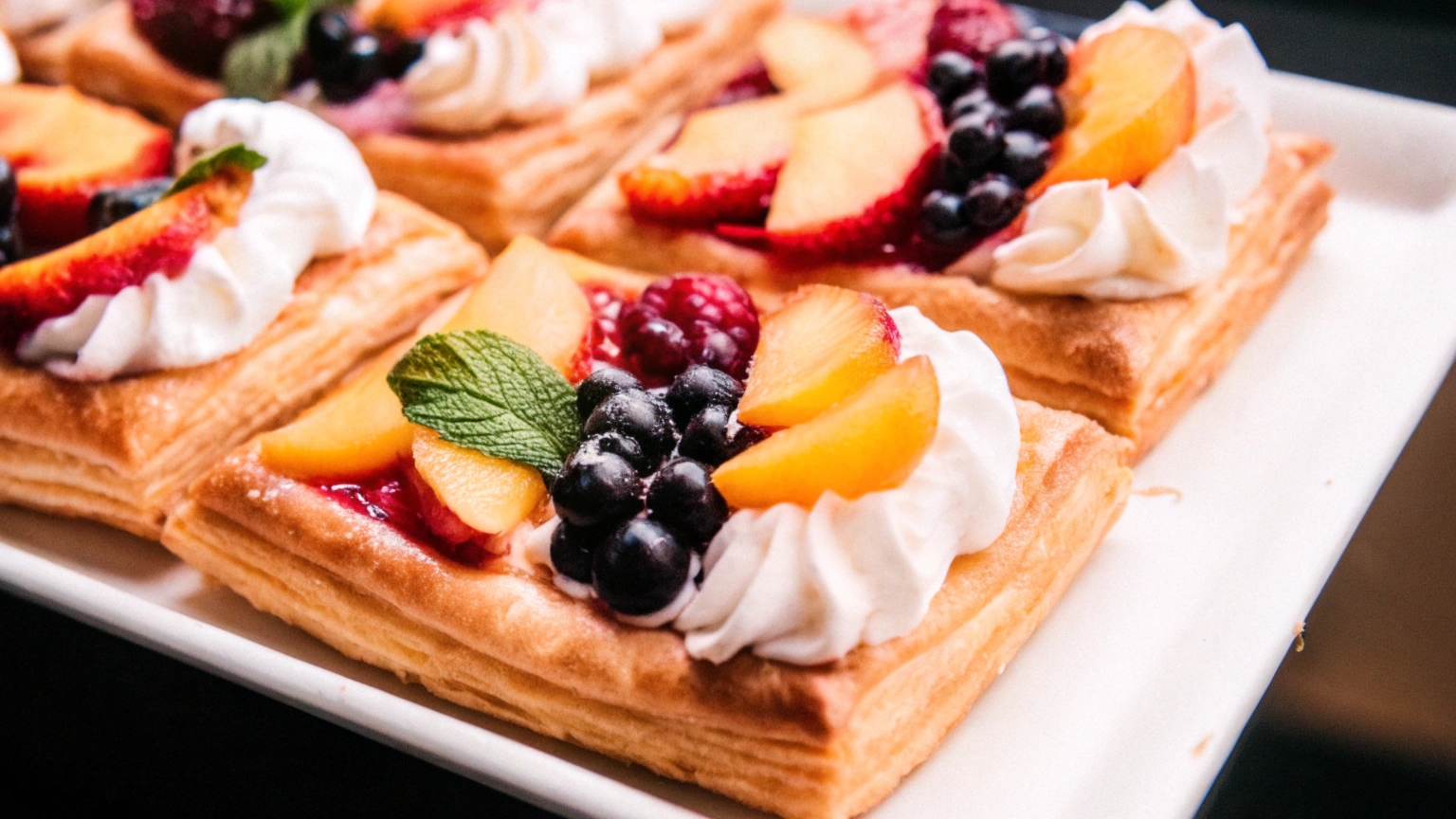 A beautifully plated puff pastry dessert topped with fresh fruit, whipped cream, and a sprig of mint