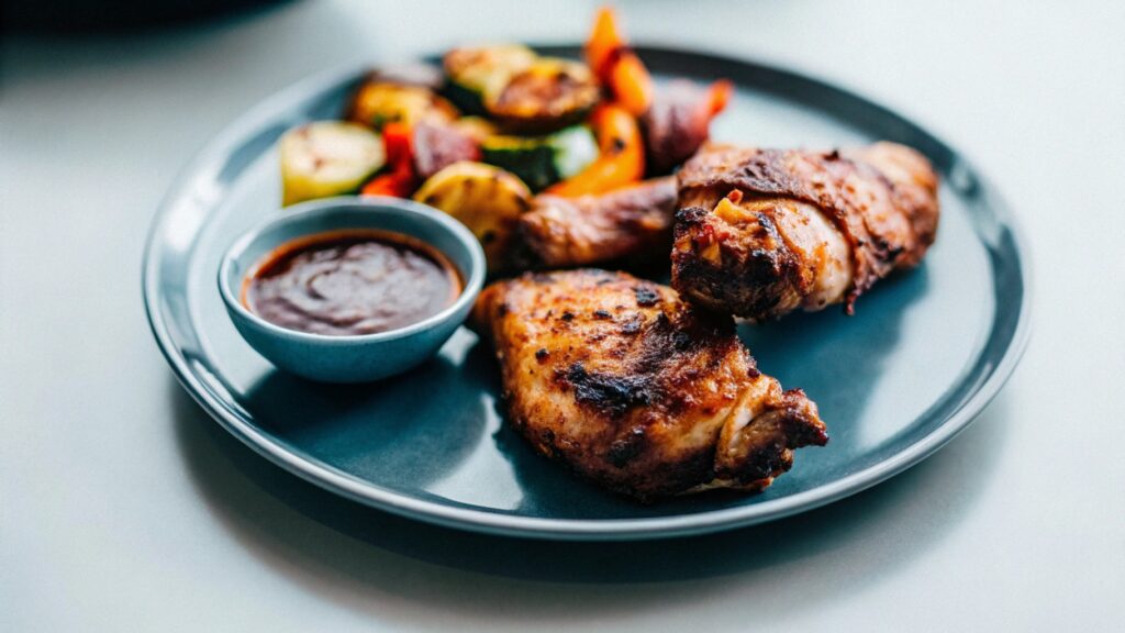 A beautifully plated serving of smoked chicken thighs with a side of charred vegetables, a ramekin of barbecue sauce, and a sprinkle of fresh herbs for garnish