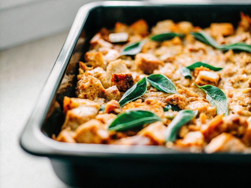 A casserole dish filled with unbaked chicken dressing, garnished with fresh sage, ready to go into the oven