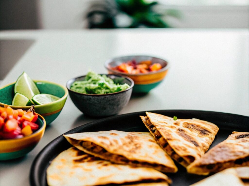 A perfectly folded steak quesadilla cooking in a skillet, golden brown with melted cheese oozing out, surrounded by fresh garnishes.